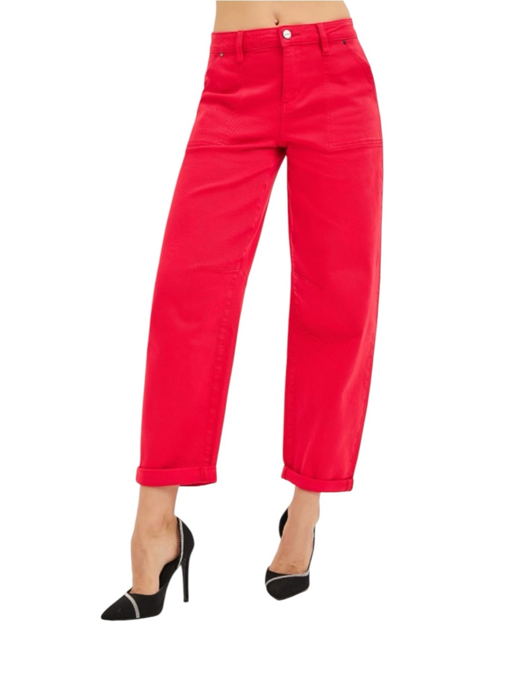 7106. Risen Women’s High-Rise Red Ankle Cuffed Barrel Jeans